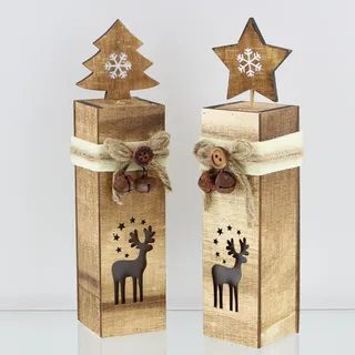 FRANK FLECHTWAREN Dekosäule, LED-Säule Rentier, im 2er Set, Höhe 22 cm, Weihnachten, Advent, Winter schöne Deko vielseitig einsetzbar