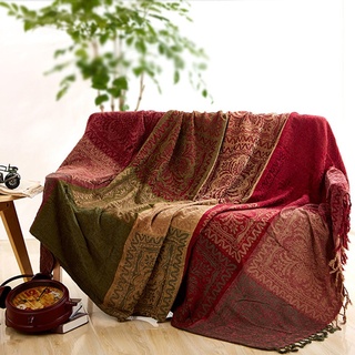Sofa Bezüge Chenille Jacquard Quasten Überwurf Decke Sofa Stuhl Bezug Mediterraner Stil All Season Decke für Camping, rot / grün, 220*260CM
