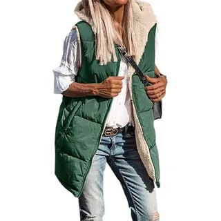 ASKSA Damen Wendewesten aermellose Fleecejacke Reissverschluss Kapuzenpullover Lange Warme Wintermantel, Gruen, M - Grün - M