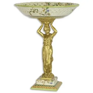 Casa Padrino Jugendstil Deko Schale Mehrfarbig / Gold Ø 25 x H. 33,2 cm - Elegante Porzellan Obstschale mit dekorativer Bronzefigur - Barock & Jugendstil Deko Accessoires