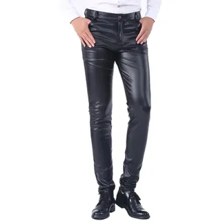 Idopy Herren Business Slim Fit Kunstleder Hosen Jeans Lederjeans Schwarz - 33