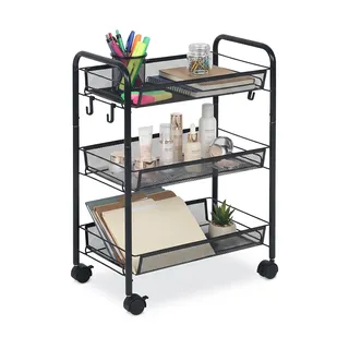Relaxdays Rollwagen, 3 Mesh-Etagen, Servierwagen, Küchenwagen Bad & Büro, HBT 63x44,5x26 cm, Bastelwagen Metall, schwarz