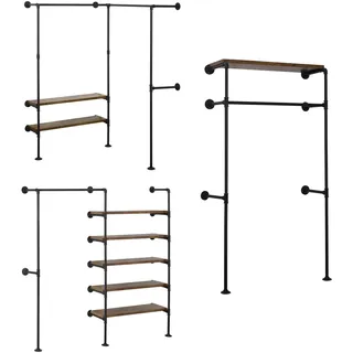 WOLTU Kleiderstange industrial schwarz, Kleiderständer für Wandmontage, Garderobenständer mit Ablage, für Schlafzimmer, Kleiderstangensystem aus Metallrohren MDF