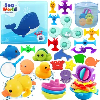 Chennyfun Badespielzeug Wasserspielzeug, 32Pcs Kinder Badewanne Spielzeug | Mit Fischernetz, Badewannenspielzeug Baby Kinder Spielzeug-Gummi-Ente, Schildkröte, Delfin für 3+ Babys