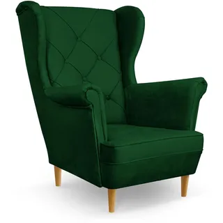 COMFORTINO FURNITURE Ohrensessel Sessel Bello - Sessel mit Armlehnen - Retro Stuhl aus Stoff mit Holz Füßen - Polsterstuhl für Wohnzimmer Armlehnensessel Relaxsessel Loungesessel (Grün)