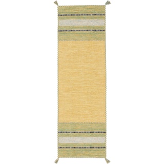 carpetfine Flachgewebeteppich Kelim Azizi Läufer Gelb 75x240 cm | Moderner Teppich für Wohn- und Schlafzimmer