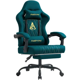 Andyou Gaming Stuhl mit Fußstütze – Ergonomischer Gaming Sessel aus Wildlederimitat, Gamingstuhl Erwachsene, Höhenverstellbarer Bürostuhl, Gaming Chair