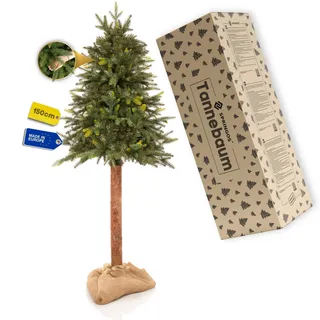 Springos Weihnachtsbaum künstlich 150cm auf Stamm Natürliche Fichte künstlich mit stabilem Holzstamm & Juta Abdeckung, realistischer Christmas Tree klein für Festliche Dekoration