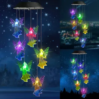 iShabao Engel Solar Windspiel Garten, 6 LED Solar Windspiel für Draußen, Wasserfest, Farbwechsel, Muttertagsgeschenke, Geschenke für Mutter, Dekorationen für Baum, Balkon, Hof, Hochzeit, Party