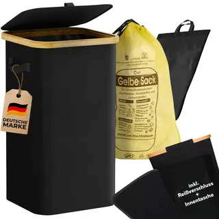 COTTARA® Gelber Sack Ständer Mülleimer mit Deckel – Bambusrahmen, Schwarz