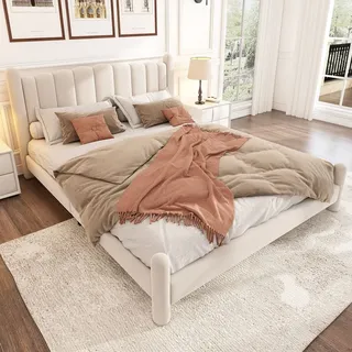 STILVORA Polsterbett 180x200 Jugendbett mit Lattenrost&und Zylindrische Stützbeine,Doppelbett aus Samt mit gewelltem Kopfteil,Beige (mit Matratze) - Beige