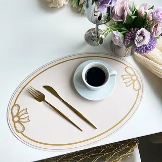 Beydodo Platzdeckchen Oval 45x30 Gelb, Tischsets Abwaschbar Modern Bedruckt Schleifen Muster Platzsets Waschbar 4er Set Leder