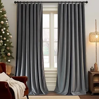 TOPICK Vorhang Blickdicht Samtvorhänge Weihnachten mit Tunnelzug Verdunkelungsvorhang Thermovorhang Verdunkelungsgardinen Für Wohnzimmer Schlafzimmer 2 Stück 225H x 130B(cm) Grau