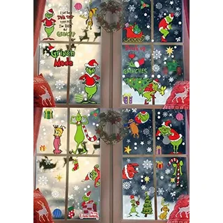 Famanu große Grinch Fensterstickers - 12 Bögen mit 217 Teilen für Weihnachtsdekorationen