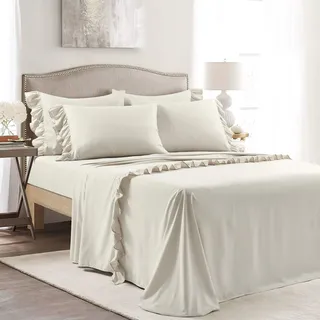 Lush Decor Reyna Rüschen-Bettwäsche-Set, 6-teilig, Queen-Size-Bett, Weizen, weich und bequem, mit Rüschen, klassisch, elegant, traditionell, modern, Bauernhaus, glamourös, Landhaus-Schlafzimmer-Dekor