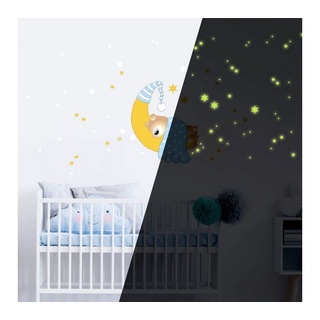K&L Wall Art Wandtattoo Baby Teddy Bär Mond Leuchtsterne Blau 60x60cm selbstklebend, Kinderzimmer Leuchtbild