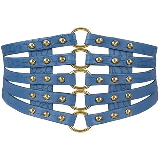 MEGAUK Damen Leder Gürtel Breit Nieten Elastischer Taillen Vintage Hüftgürtel Bindegürtel Lolita Korsett Mit Ring Schnalle Design (Blau) - Taillenumfang 69-85cm