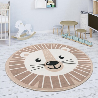 Paco Home Kinderteppich Teppich Rund Kinderzimmer Spielmatte rutschfest Modern Löwen Motiv Beige Weiß, Grösse:150 cm Rund