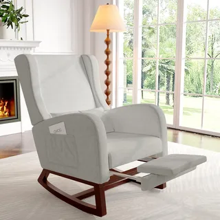 Luminarix Schaukelstuhl Stillsessel Relaxsessel mit Holzsockel Fußstütze Verdicken Schaukelsessel,Leinen,2 Seitentaschen,1 Lendenkissen,(Leinen, Grau)