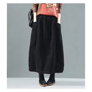 Rock Herbst Winter Cordrock Frauen Vintage Midi Lange Röcke Weibliche Elastische Taille A-Linie Faltenrock Big Size OneSize Schwarz - Einheitsgröße