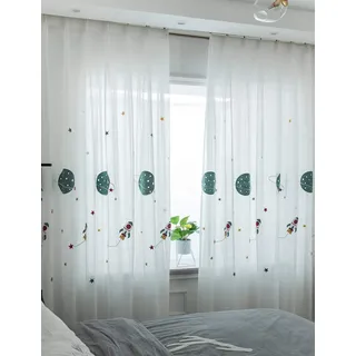 Lactraum Vorhang Kinderzimmer Junge Bestickt Planet Sterne Raumschiff Voile mit Universal-Band 145 x 245 cm
