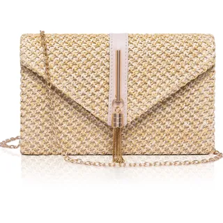 Larcenciel Damen Stroh Clutch, Beige Geflochtene Strandtasche mit Quaste und Kette, Sommer Boho Umhängetasche, Elegante Abendhandtasche für Hochzeit, Party, Urlaub, 21.5 x13.5 x 5.5 cm - 21,5 × 13,5 × 5,5 cm