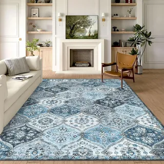 LuxFocus Floraler Vintage Teppich Wohnzimmer 240x340 cm Kurzflor Grau Blau | ca. 6mm Ultradünn, Boho Teppich für Schlafzimmer Esszimmer, waschbar, marokkanisch, rutschfest, faltbar, Orientalisch