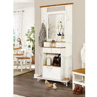1a Direktimport Kompaktgarderobe Landhausstil Garderobe mit Spiegel - Pinie weiß natur Massivholz weiß
