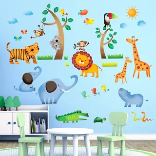 Decowall DW-1206 Wilde Tiere des Dschungels Wandsticker Wandaufkleber Wandtattoo Kinderzimmer