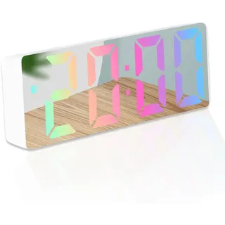 mixed24 Moderner Digitaler LED Wecker mit gut lesbaren großen bunten Zahlen Schlummerfunktion bis zu 60 Minuten Tischuhr mit Temperatur und Datumsanzeige (Weiß mit Spiegeldisplay)