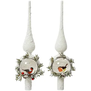Kaemingk Christbaumspitze, Christbaumspitze Glas 31cm mit Schnee & Vogel Motiv 1 Stück sort. Weiß weiß