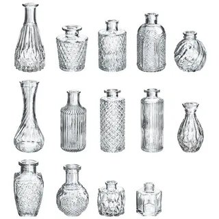 Ideen mit Herz Glas-Vasen | Miniatur-Vasen-Set | Blumenvasen Vintage | klar | Verschiedene Designs & Größen | 14 Stück