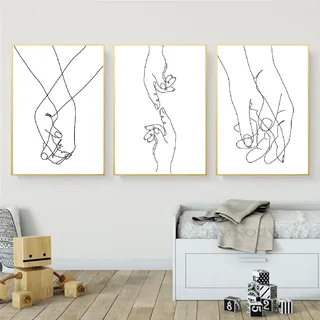 Abstrakter Strichzeichnung Minimalist Bilder Leinwandbilder Modern Schwarz Weiß Abstrakter Poster für Wohnzimmer Schlafzimmer Deko Kunst Malerei Kein Rahmen 3er Set (Liebe Hand in Hand,50X70CM)