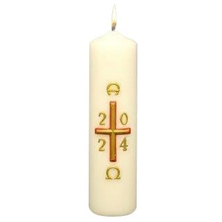 Osterkerze Kreuz rot-gold mit A und O, Jahreszahl 200 x Ø 50 mm