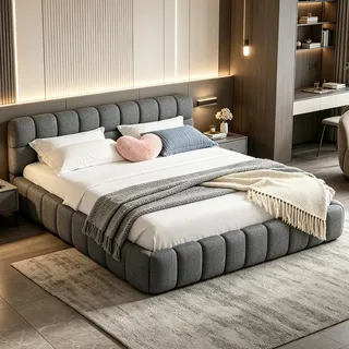 PRTECY Polsterbett Bubble Bett 160 x 200 cm Doppelbett mit Lattenrost und weicher Rückenlehne Flachbett Gästebett Jugendbett für Schlafzimmer und Gästezimmer(Ohne Matratze) (Gris, 160 x 200cm)