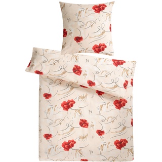 Carpe Sonno Seersucker Bettwäsche 135 x 200 cm Baumwolle - 2 teilig Bettwäsche-Sets aus Deckenbezug + Kissenbezug - mit Reißverschluss für Bettwäsche - Geblümt Bettwäsche Bügelfrei - Creme