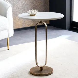 Runder Beistelltisch ELEGANCE 60cm wei� gold antik Marmor Metall handmade