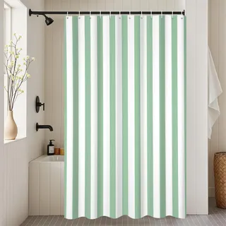 UUZEAI 300 x 200 cm (B x H) Duschvorhang Grün Weiß Vertikale Gestreift Moderner Minimalismus Wasserdicht und Trocknet Schnell Stoff Waschbar Duschvorhang Badewanne Lang mit Ringen