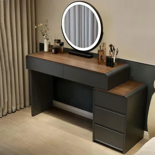AUTUTB Schminktisch mit Spiegel, 5 Large Schubladen, Small Spaces | 100cm Frisiertisch mit 40cm Verschiebbarer Schrank, Retro, Holzmaserung, PU-Leder, Einfach zu Montieren, Mädchen, Weiß