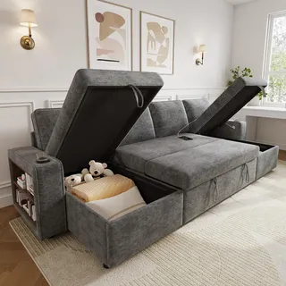 BTM Big Sofa U Form mit Schlaffunktion, Schlafsofa mit Stauraum, Wohnzimmer Chaiselongue mit Ausziehbares Sofa Becherhalter Grau