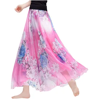 Damen Chiffon Blumen Strandrock Maxirock Langer Rock Gedruckter Chiffonrock Weich Glatt Dünn Cool für Sommer Rocklänge 90cm - Geblümt Rosa #53 - 34-40