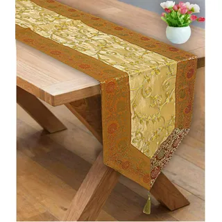 Stylo Culture Dekorativer Indien Tischdecke Gold Gelb Blumen Bohemien Jacquard Border Bestickt Tischläufer Zari Quaste 6 Fuß Für Mitteltabelle Brokat Tissue Stoff Party Tischplatte (35 x 182 cm)
