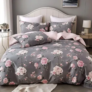 Gezu 3D Bettwäsche 135×200cm Blumen Rosen Grau Rosa Aesthetic Vintage Florale Wende Bettwäsche Set Blumenmuster Rosenmuster Bettbezug und 1 Kissenbezüge 80x80cm mit Reißverschluss