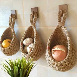 FUBESK Obstkorb zum Aufhängen, Boho-Jute-Hängekörbe für die Organisation, hängende Wand Obst Gemüse Körbe (T 21 x H 21 x 23 cm)