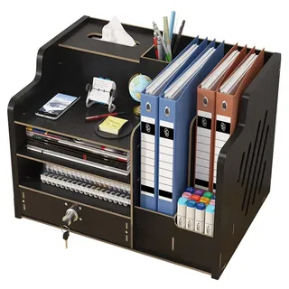 Hggzeg Schreibtisch-Organizer aus Holz mit Schublade, großes Fassungsvermögen, Schreibtisch-Organizer, A4-Papier-Dokumentensortierer, DIY-Bürobedarf, Aufbewahrungsbox für Zuhause(JB07-2 Schwarz)