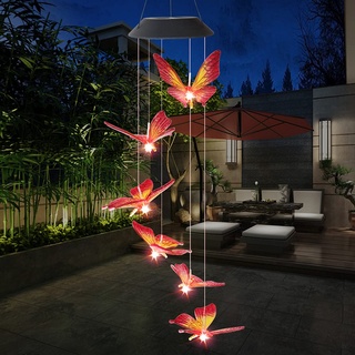 Kolibri Schmetterling Farbwechsel Solar LED Windspiel Solarlampen für außen, Windglocke LED Solarleuchte Wasserdicht Outdoor Deko Lampe Gartendeko (Schmetterling, Rot)
