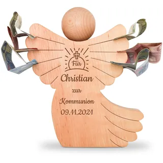 Holzengel mit Gravur - personalisierter Schutzengel zur Kommunion - Engel aus Holz Geschenkidee zur Kommunion - personalisierte Geschenke für Kinder und Baby Geschenkidee für Jungen/Mädchen