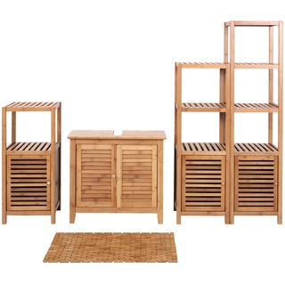 Badezimmerset HWC-B18, Komplett Badezimmer Badmöbel Badset Badschrank mit Tür, Bambus