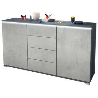 Vladon Sideboard Faro V1 (Kommode mit 2 Türen & 4 Schubladen, Schrank mit LED Lichtleiste), Anthrazit matt / Beton Oxid Optik (138,5 x 75,5 x 35) grau
