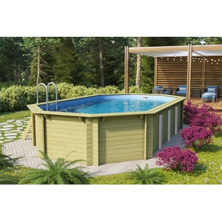 KARIBU Pool Modell 5 Variante A, naturbelassen, Fichtenholz, 357x657x124 cm, inkl. Folie, Deck und Treppe